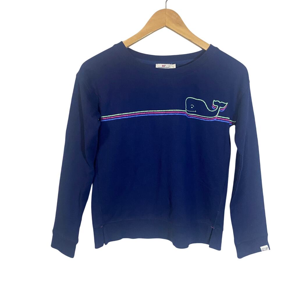 Vineyard Vines Kids Navy Blue Sweater Multicolor Lines & Whale Logo Sz L